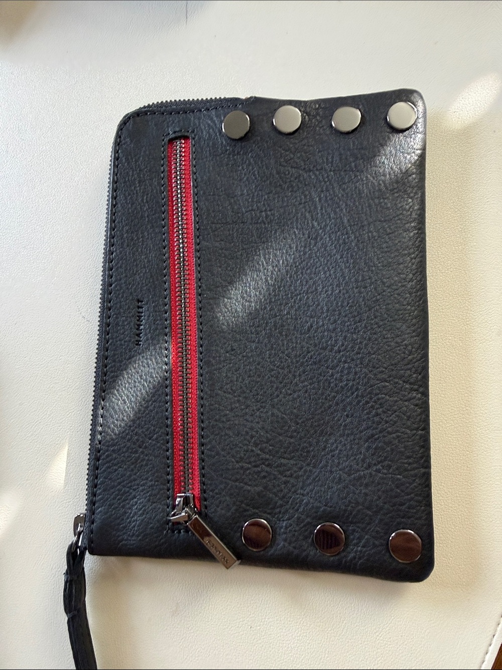 Hammitt Black Leather Crossbody Wristlet with Red Zip Accent